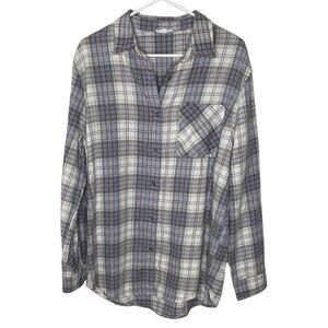 LA MIEL Blue and White Plaid Casual Shirt Womens oversize flannel small
